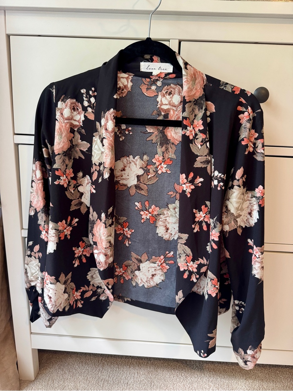 Love Tree Black Floral Draped Blazer